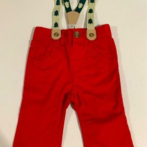 6-9 month Red Holiday pants with tree suspenders